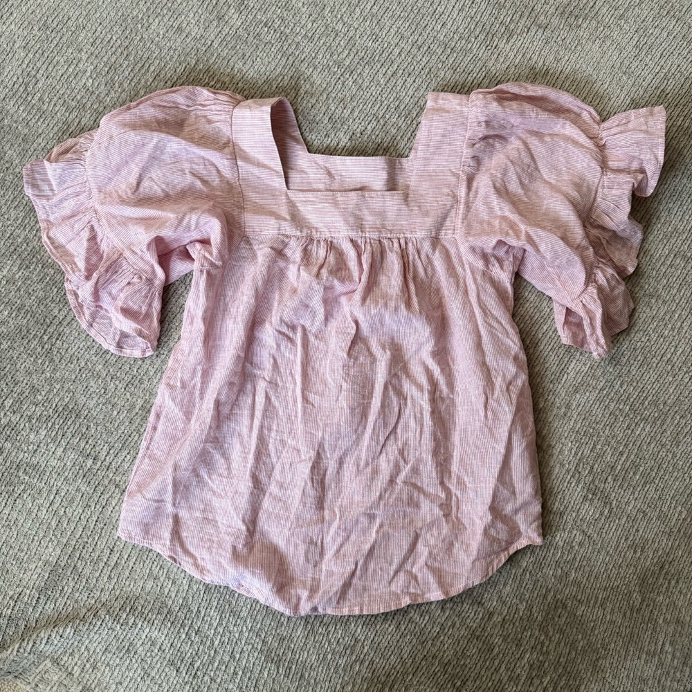 Beachlunchlounge Pink Striped Linen Cotton Puff Sleeve Blouse XS Seersucker‎